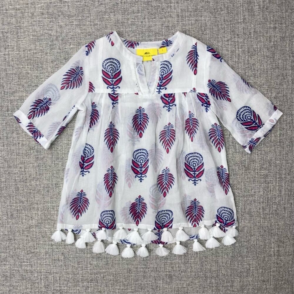 Kids White and Blue Feather Print Top Roberta Roller Rabbit size 1 EUC